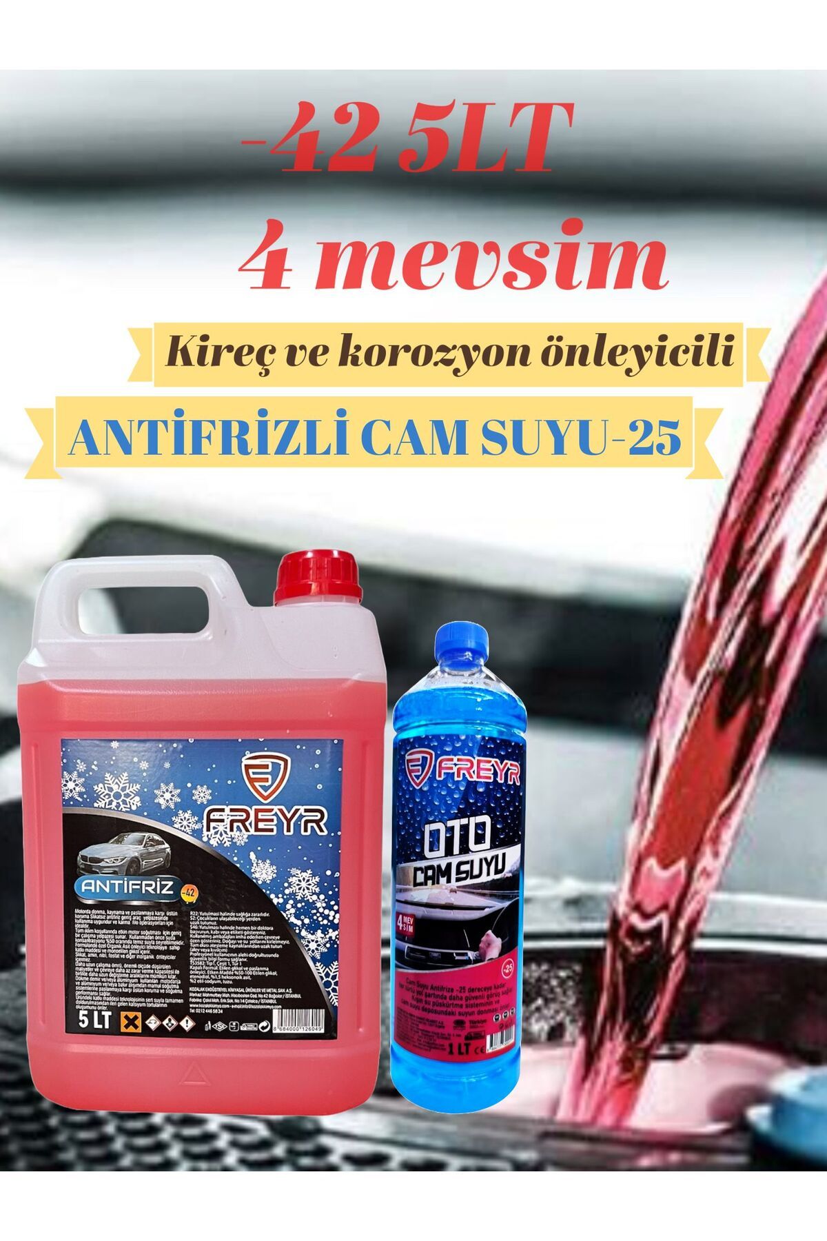 FREYR 4mevsim Kırmızı Antifriz -42c° 5lt-4mevsim Antifrizli Oto Cam Suyu -25c° 1lt