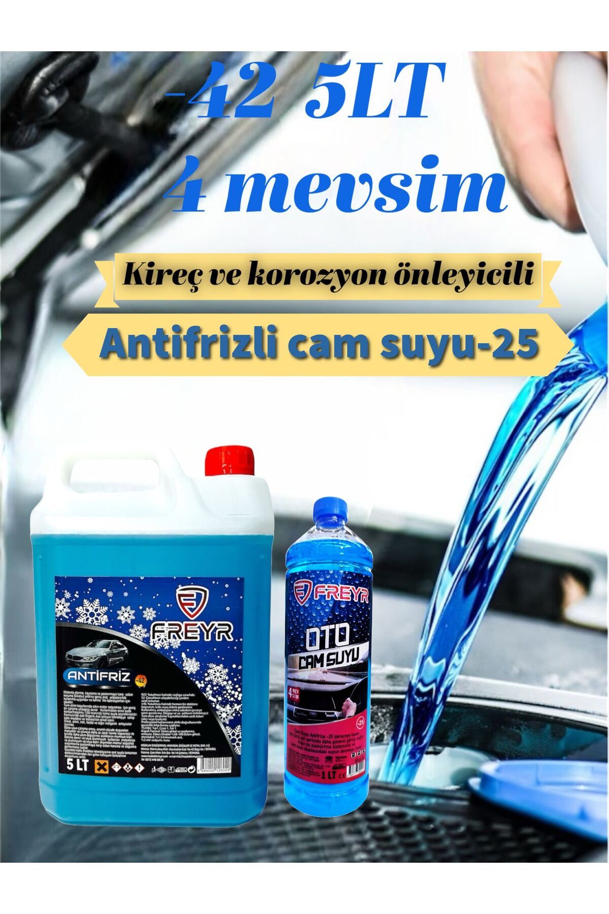 FREYR 4Mevsim Mavi Antifriz -42C° 5LT-4Mevsim Antifrizli Oto Cam Suyu -25C° 1LT