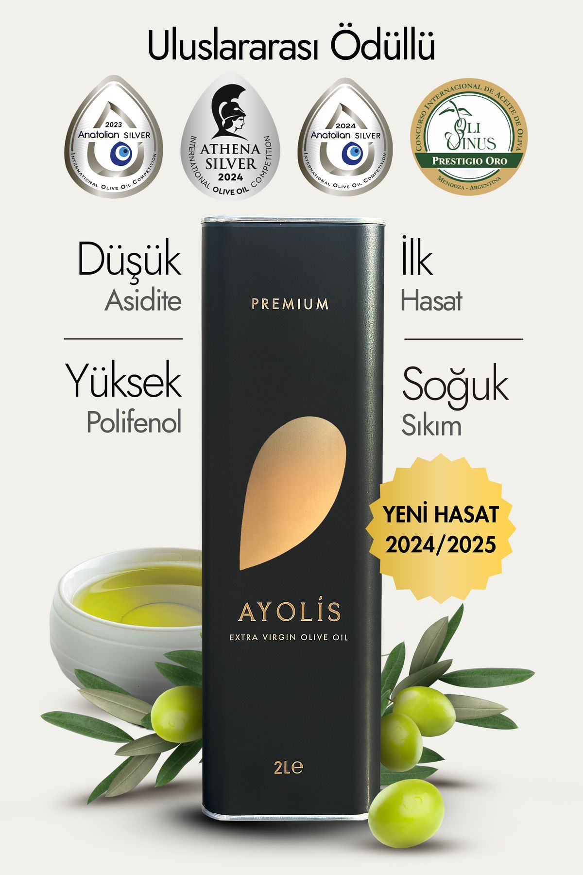 Ayolis Premium Gurme Ayvalık 2 Lt Yüksek Polifenollü Erken Hasat Soğuk Sıkım Natürel Sızma Zeytinyağı