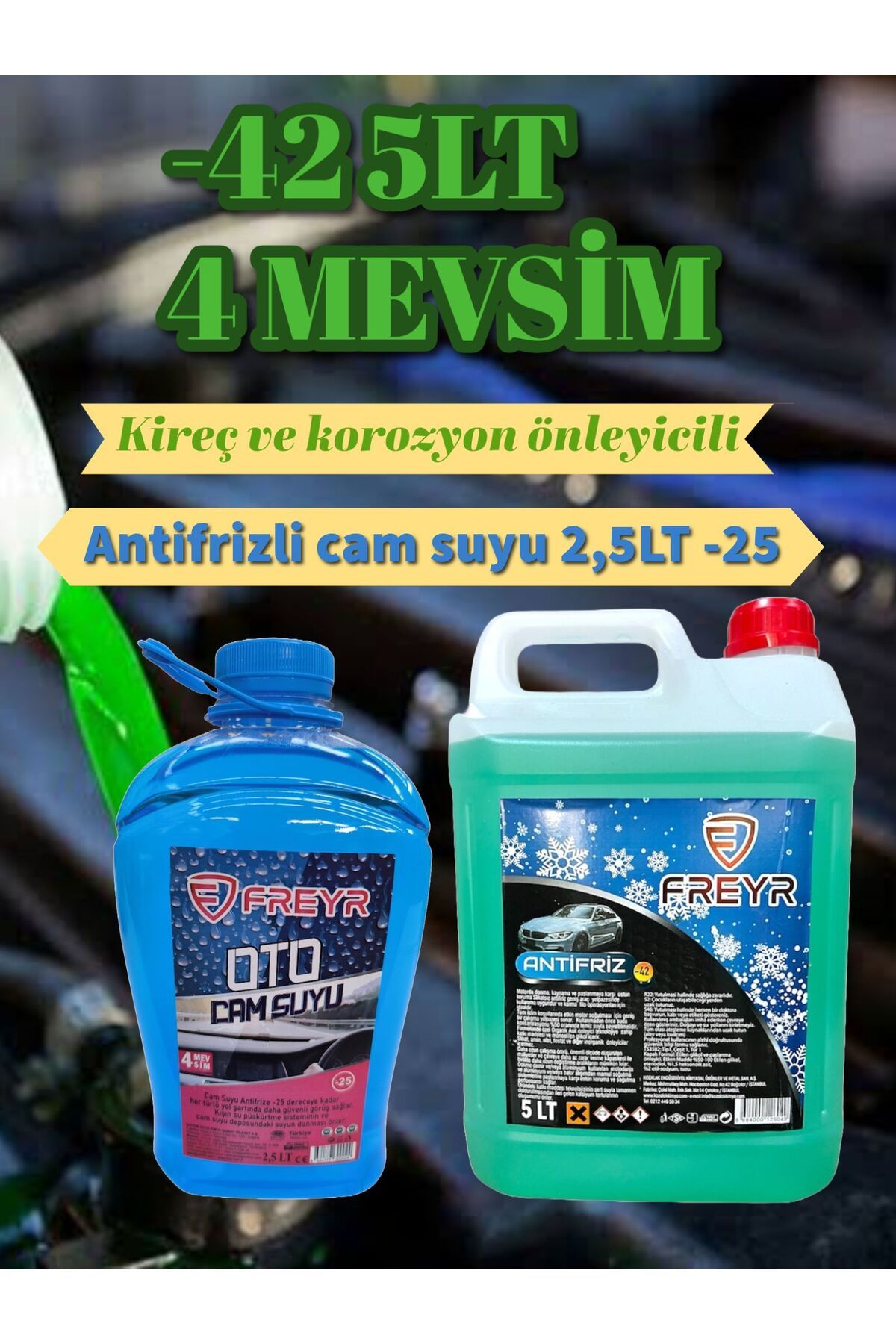 FREYR 4Mevsim Yeşil Antifriz -42C° 5LT-4Mevsim Antifrizli Oto Cam Suyu -25C° 2,5LT