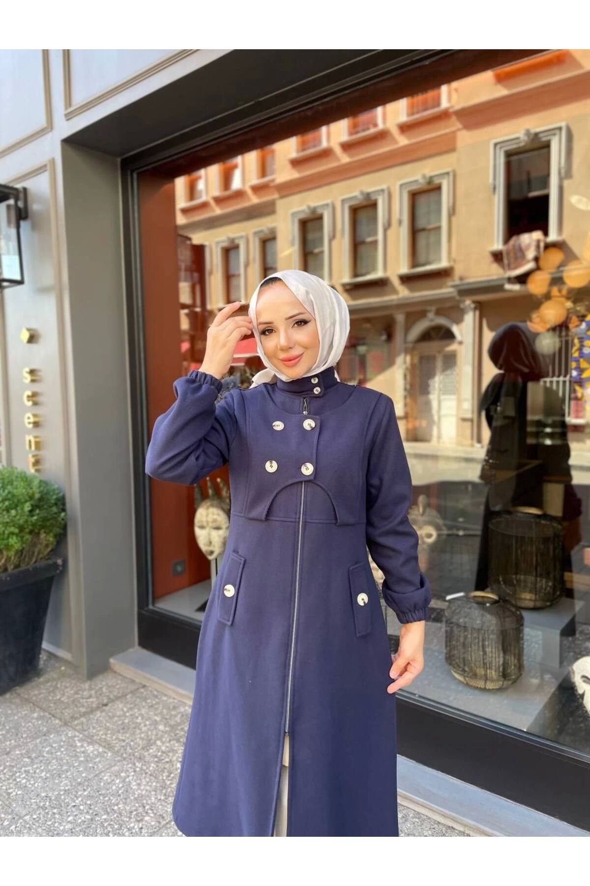 Nevayla Moda-Intermediate Size Buttoned Front Imported Cashmere Coat / M0111 - Navy Blue 2