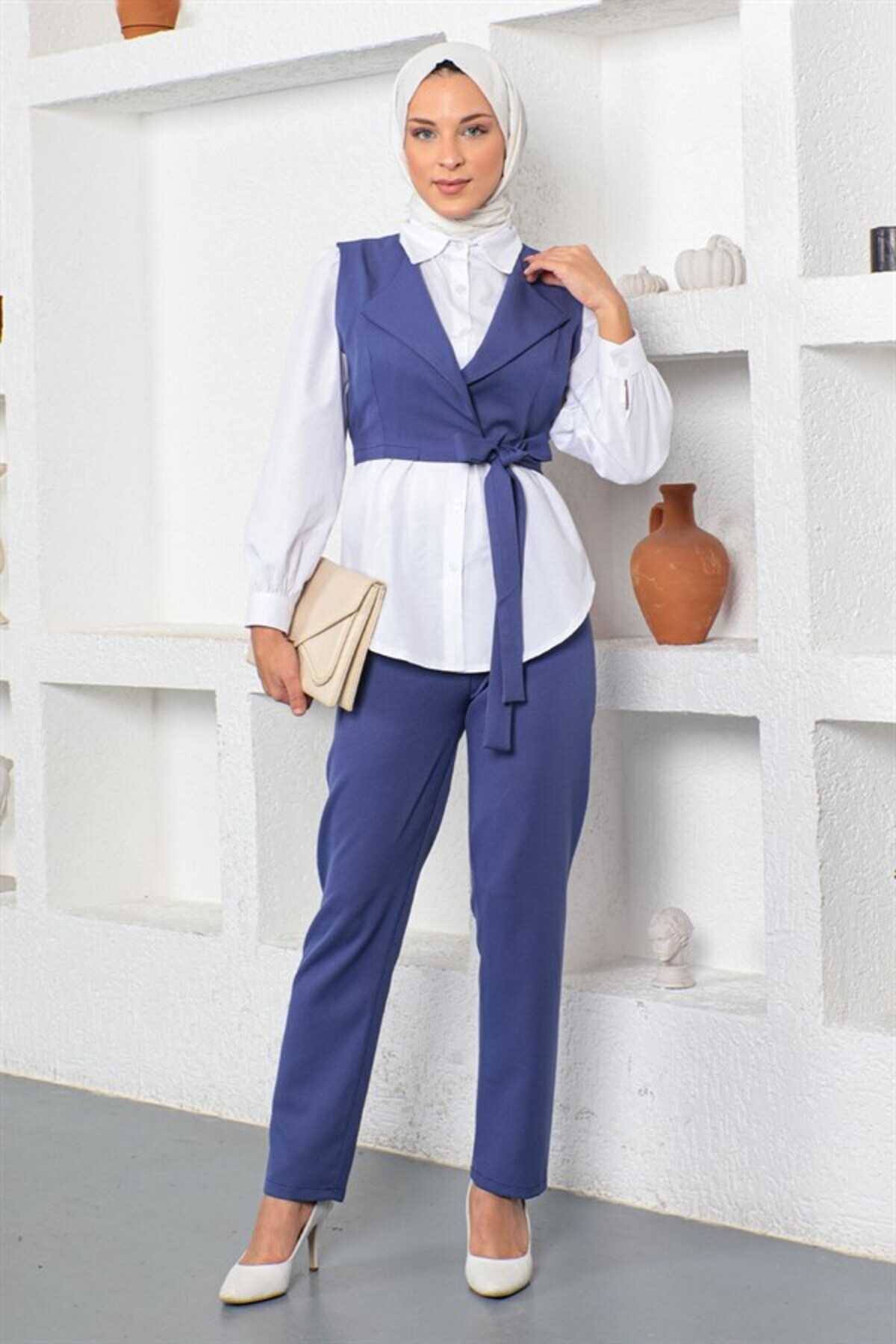 ModaMerve-Indigo Short Jacket Triple Set - 19200 Model 3