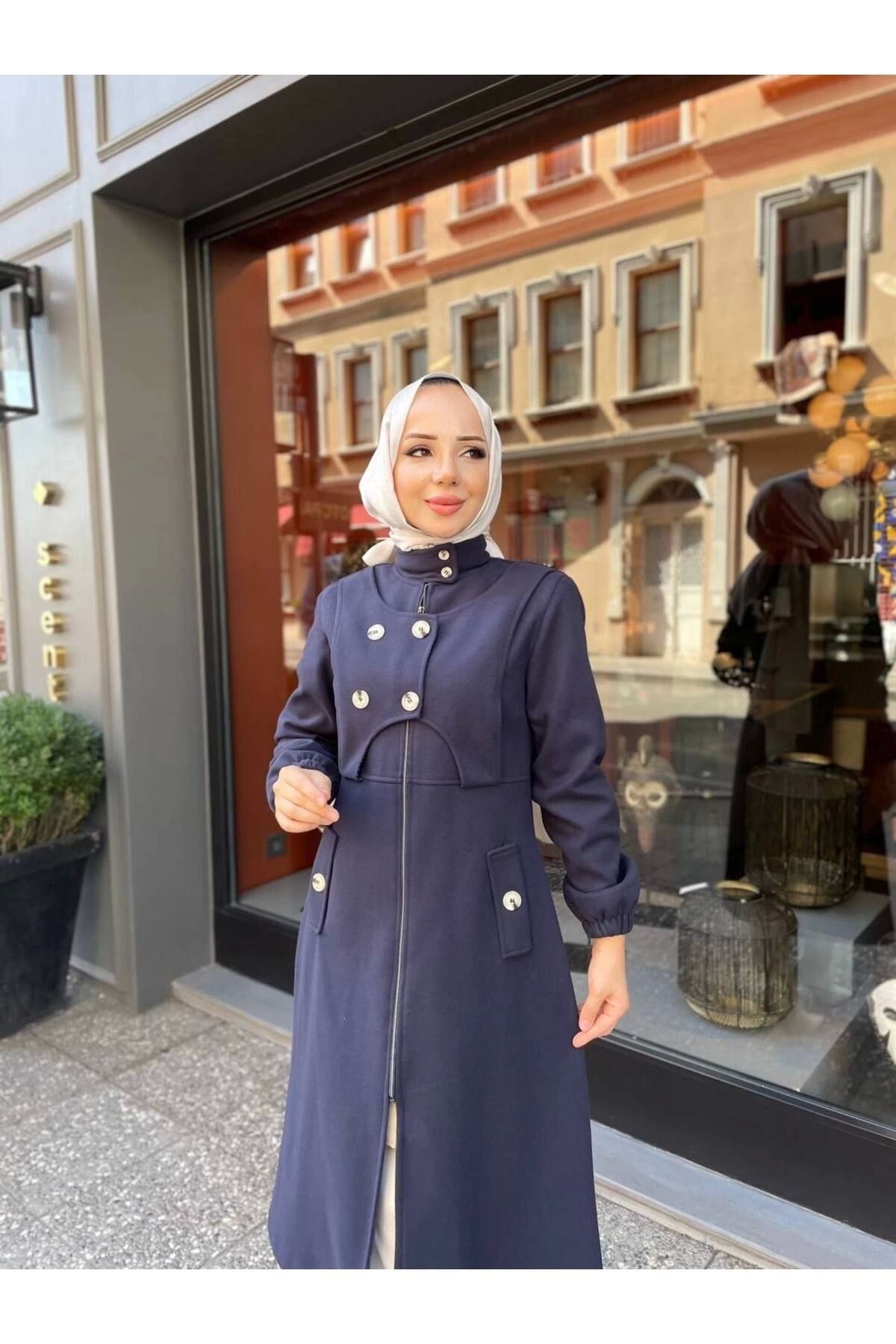 Nevayla Moda-Intermediate Size Buttoned Front Imported Cashmere Coat / M0111 - Navy Blue 4