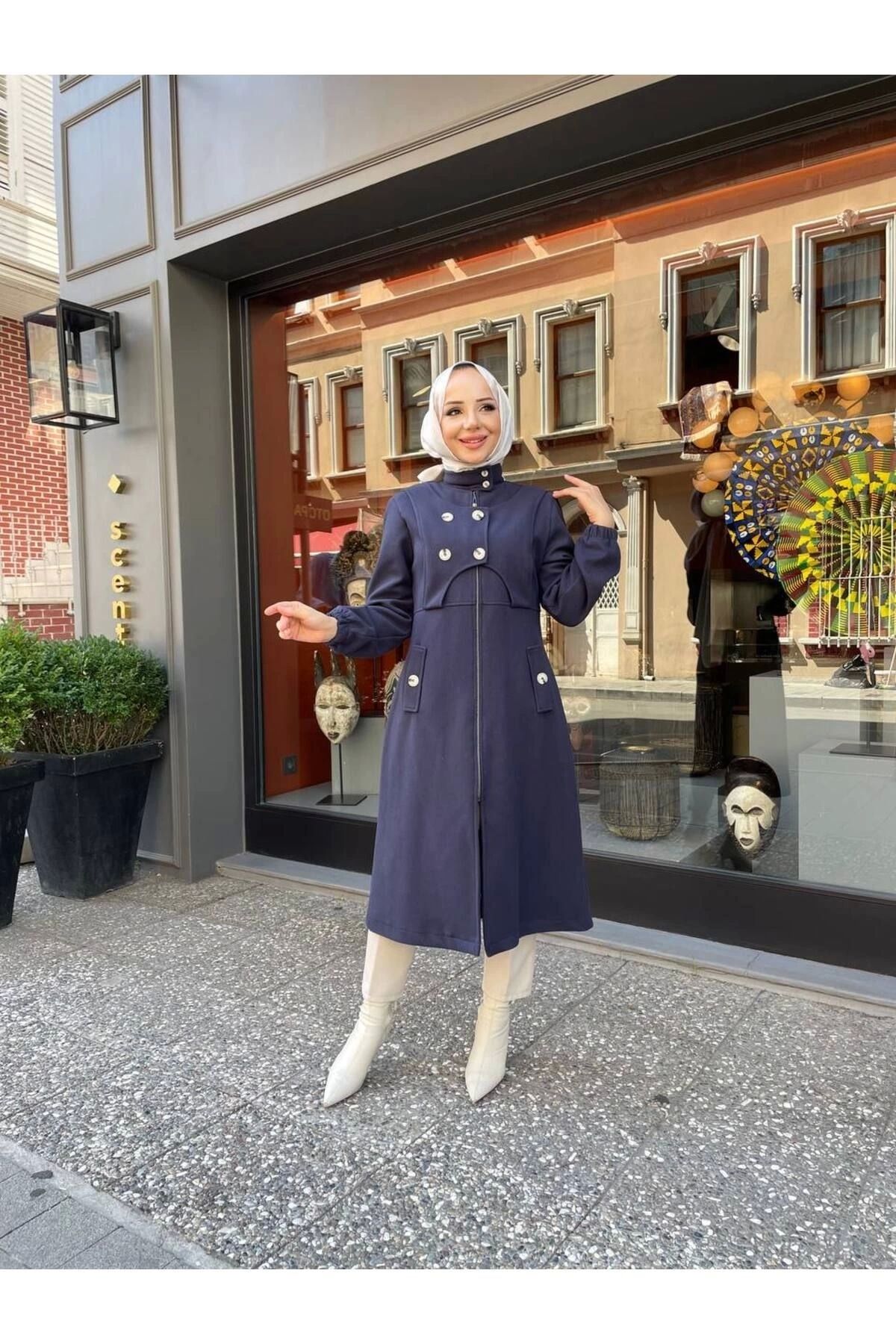 Nevayla Moda-Intermediate Size Buttoned Front Imported Cashmere Coat / M0111 - Navy Blue 6