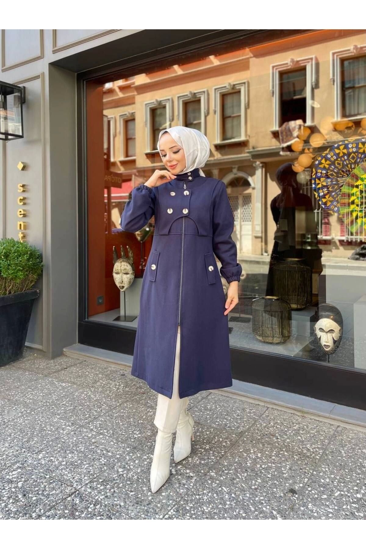 Nevayla Moda-Intermediate Size Buttoned Front Imported Cashmere Coat / M0111 - Navy Blue 5