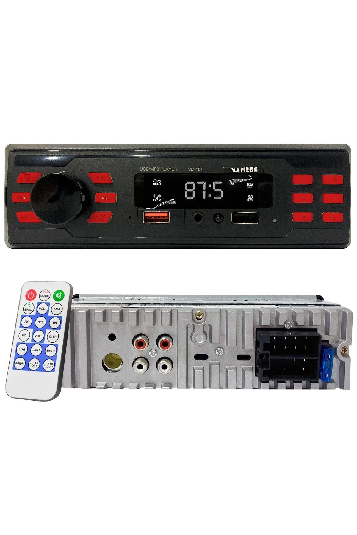 NZM TİCARET Mega Vm-104 Oto Teyp 4X50 Watt Bluetooth 2Xusb Sd Fm Aux 7 Renk