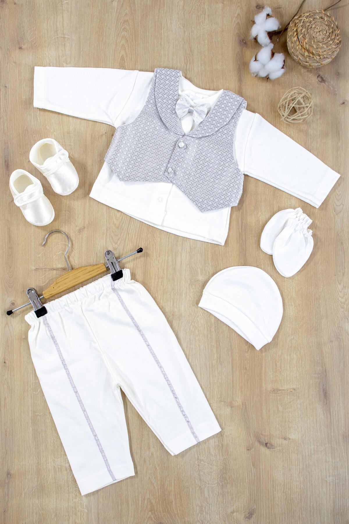 Sitilin Erkek Bebek Gri Yelekli Papyonlu Mevlit Takımı Lüks Özel Gün ve Mevlütlük Süslü Set 0 - 3 AY STL6860 fotoğrafı 2 (önizleme)