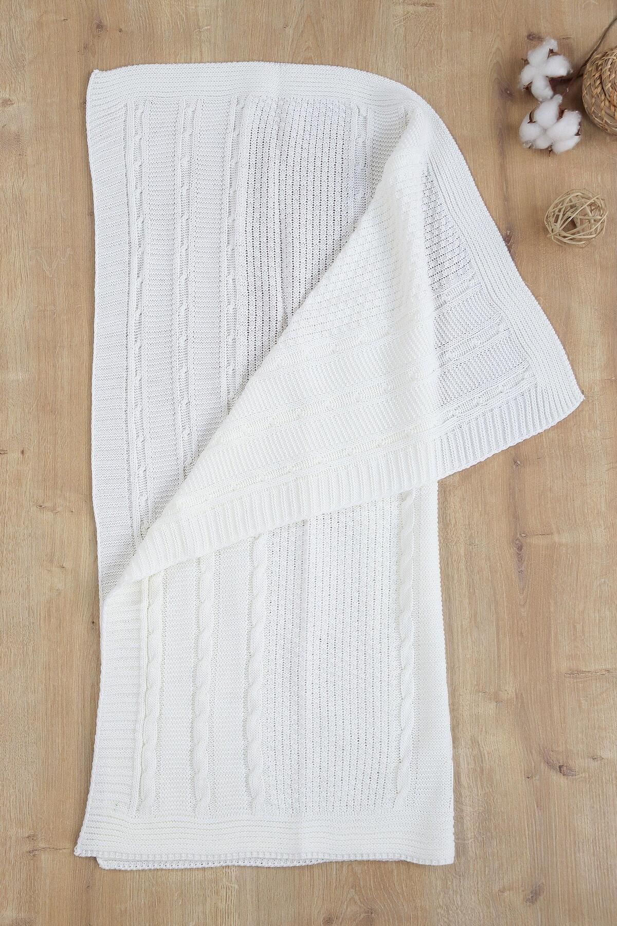 Sitilin Pătură Pentru Bebeluși Cu Tricotaje Crem Unisex - Bebeluș Fetiță Și Băiețel Stl6853 - 85 x 80