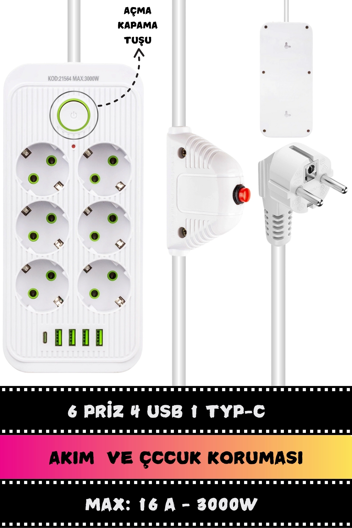 bossandmuse 1.5 Metre Akım Korumalı 6'lı Çoklu Priz, 4 x Usb + 1 x