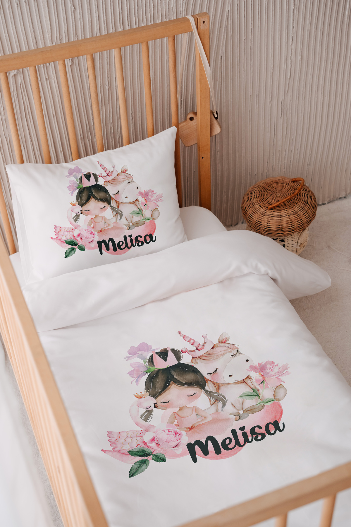 100% Cotton Satin Name Exclusive 100x150 Baby Bed Bedding Set Princess Unicorn And Swan