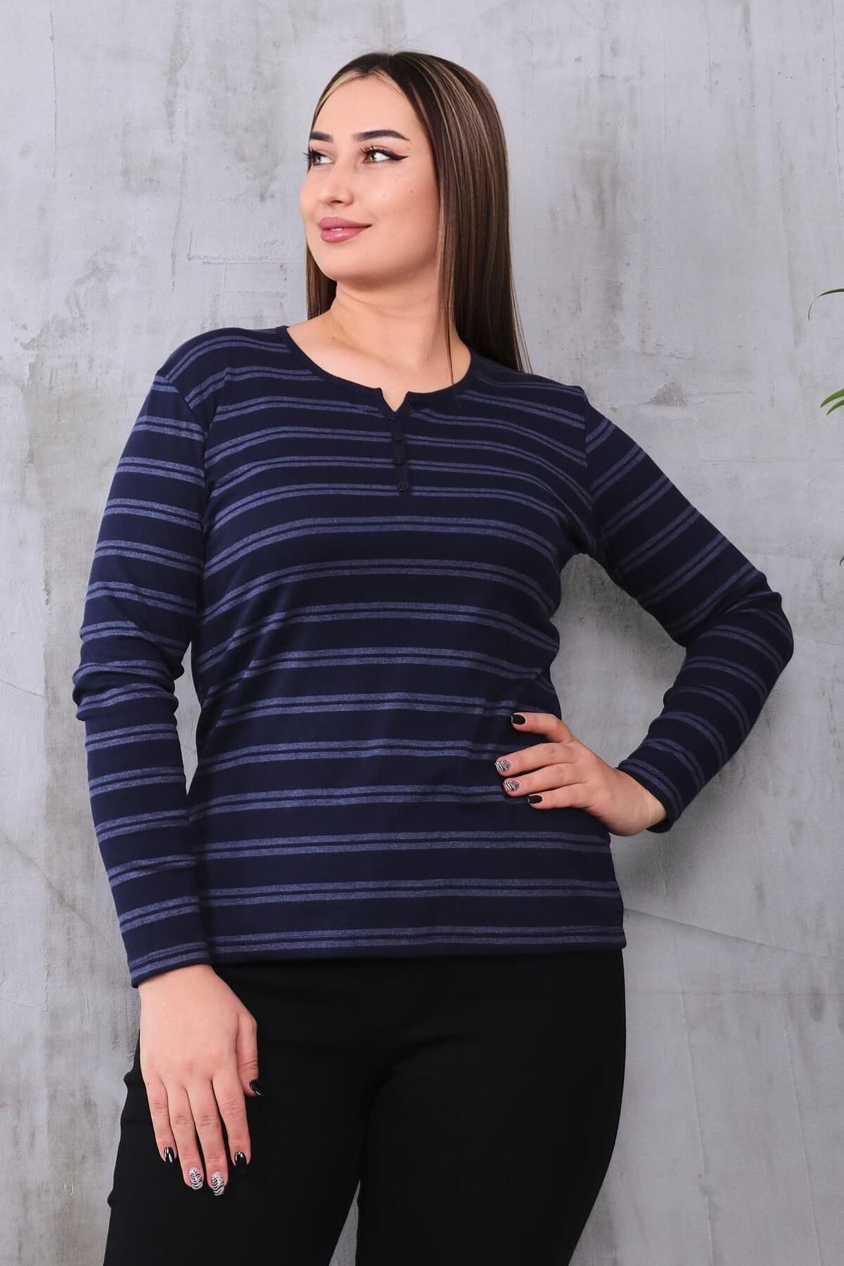 Siyezen-Plus Size Striped Cotton Lycra Basic Blouse 2