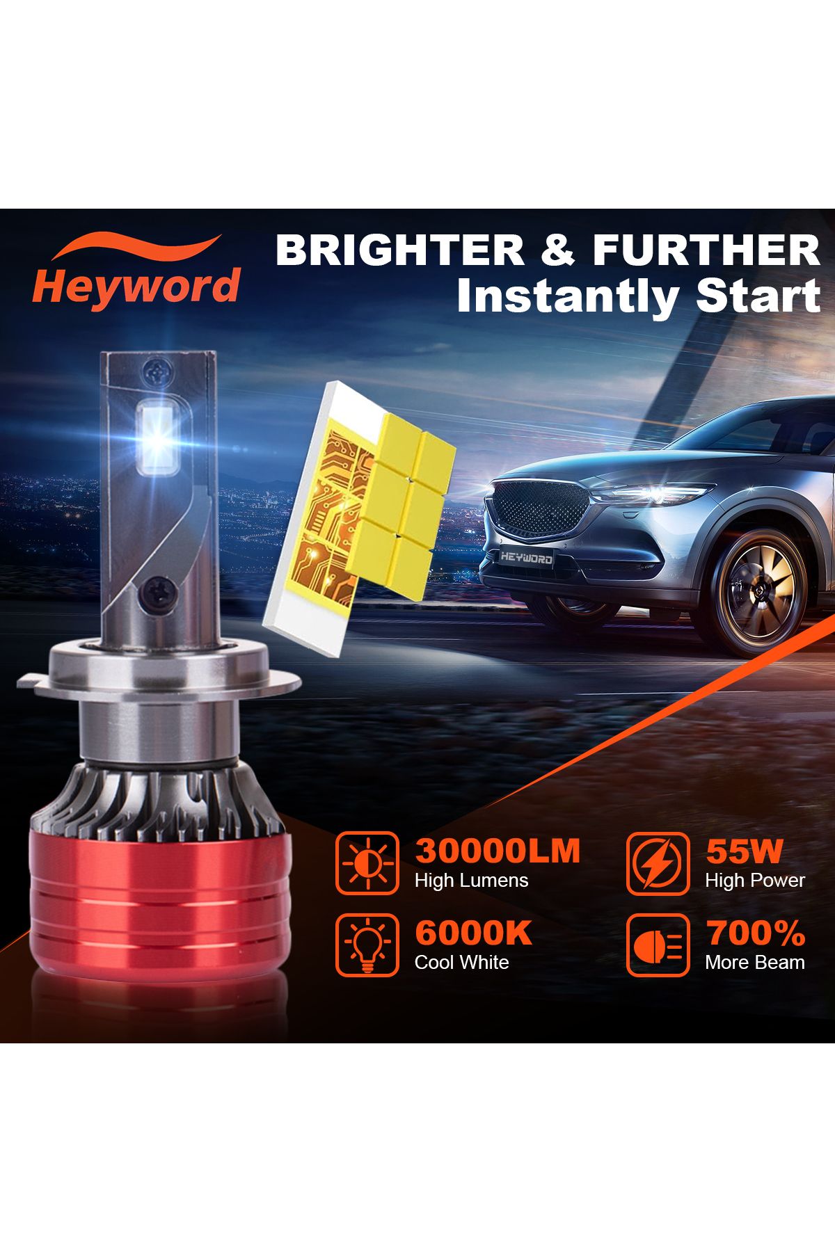 Choice-Heyword قطعتان من مصابيح السيارة الأمامية H7، 160 واط، 24000 لومن، مصباح إضاءة 6000 كلفن، 12 فولت، مصباح أمامي LED 4