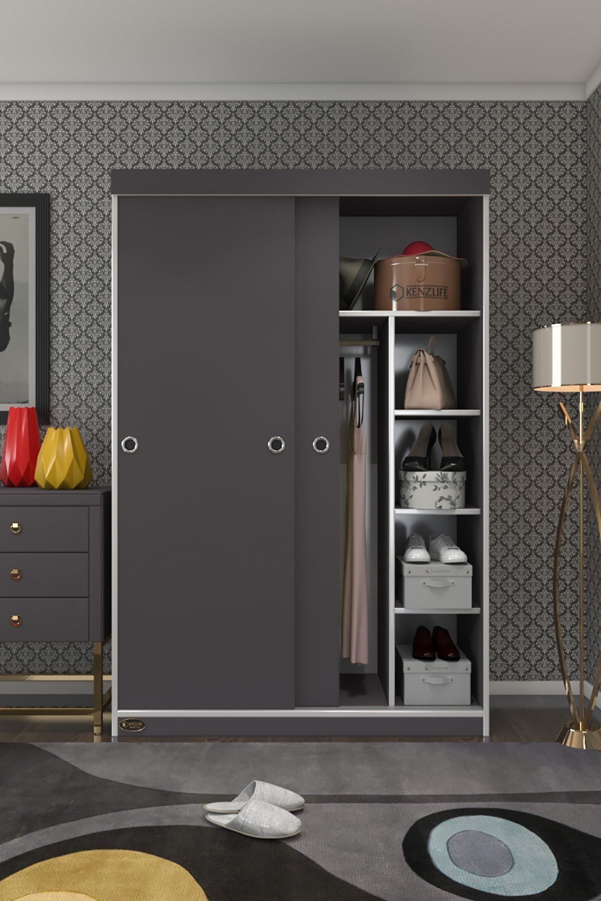 GRAY boards Knit Solegard Lサイズ Kenzlife Gardırop Sürgülü Kapaklı Kapılı 120 Papatya Gri Gardolap