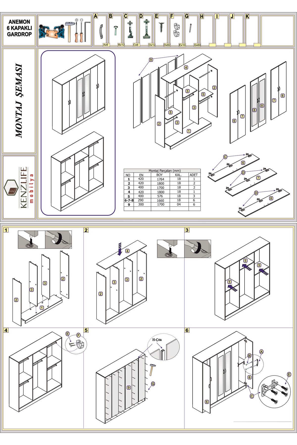 Kenzlife Gardırop 6 Kapılı Anemon 180*180*42 Byz Aynalı Gardolap