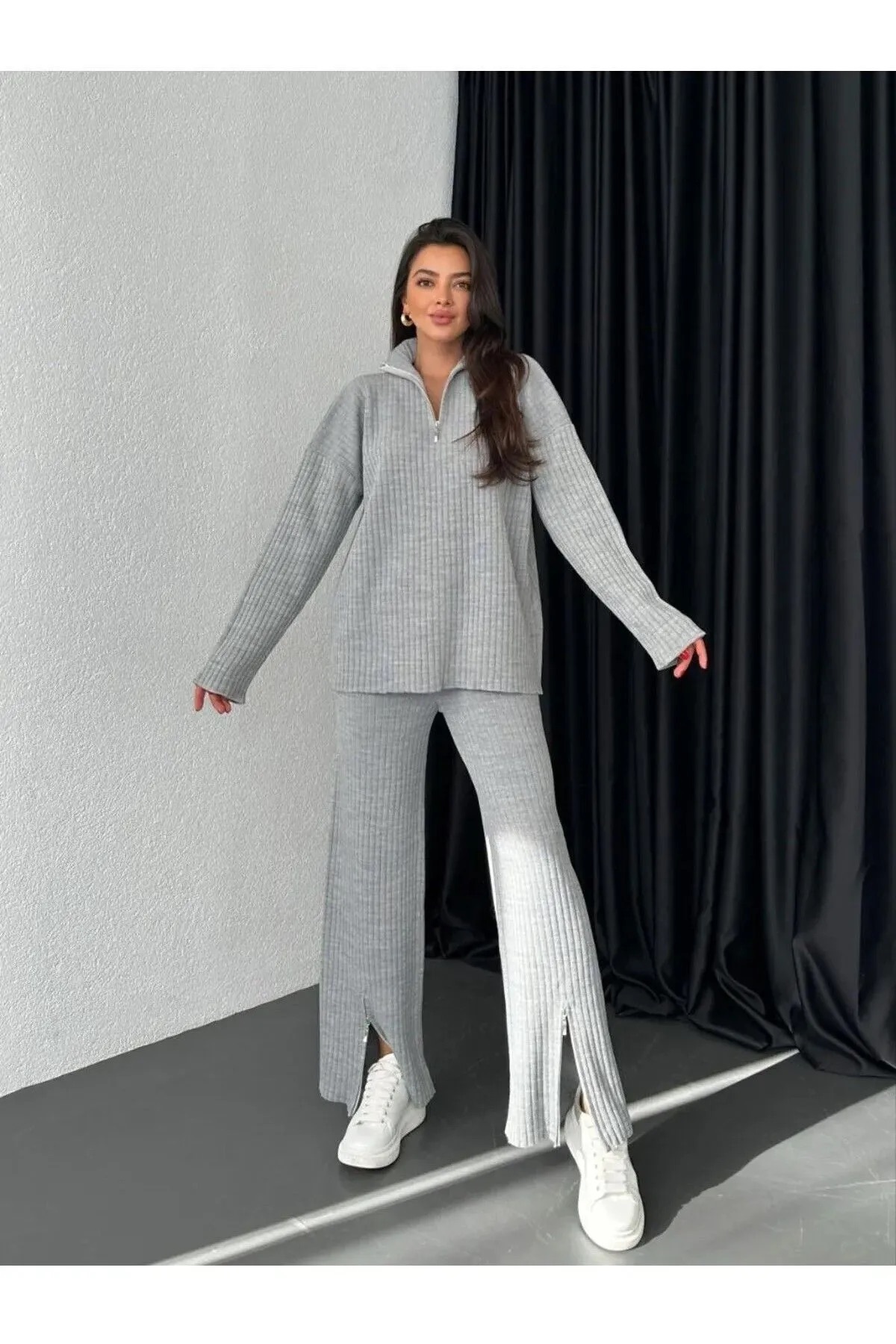 Zipper Detail Knitwear Sweater Trousers 2 Piece Set