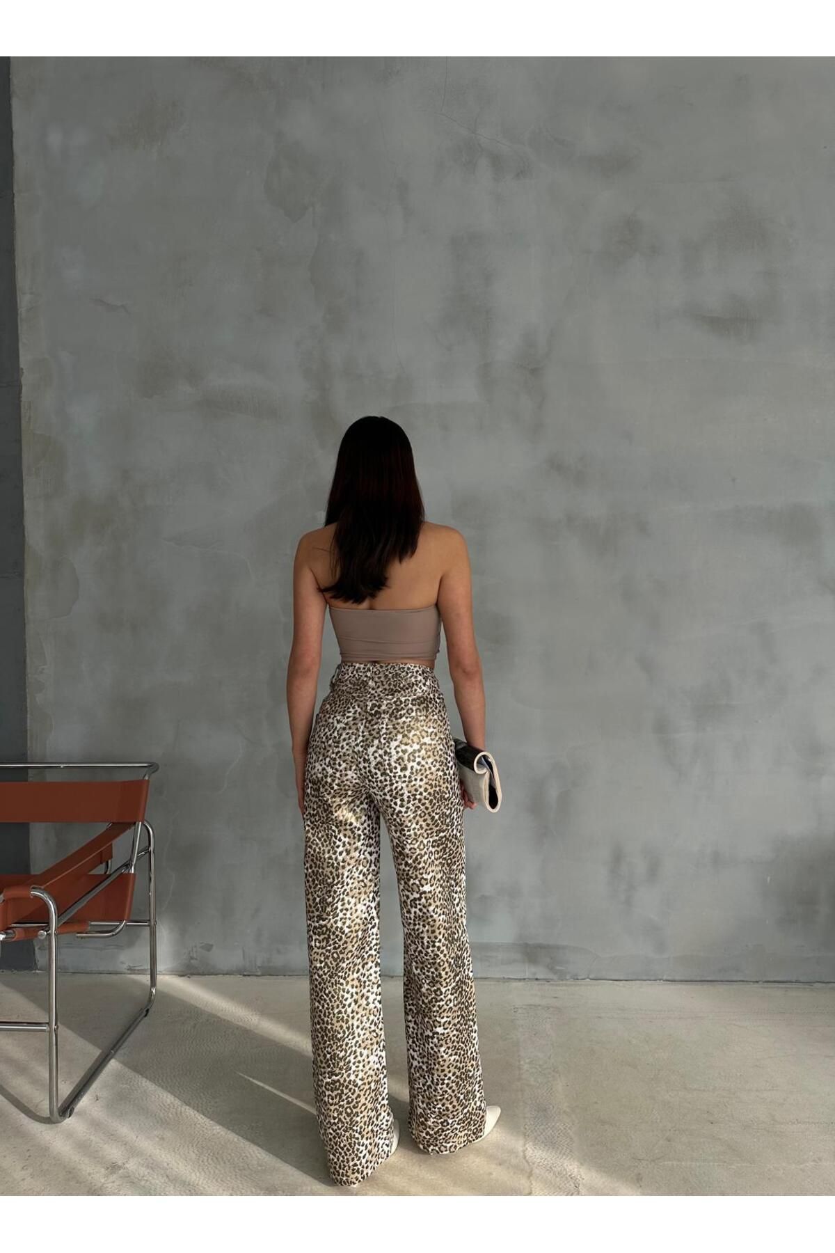 Zeo Basic-Zeo Basic Gold Leopard Patterned Varak Printed Wide Leg Pants 3
