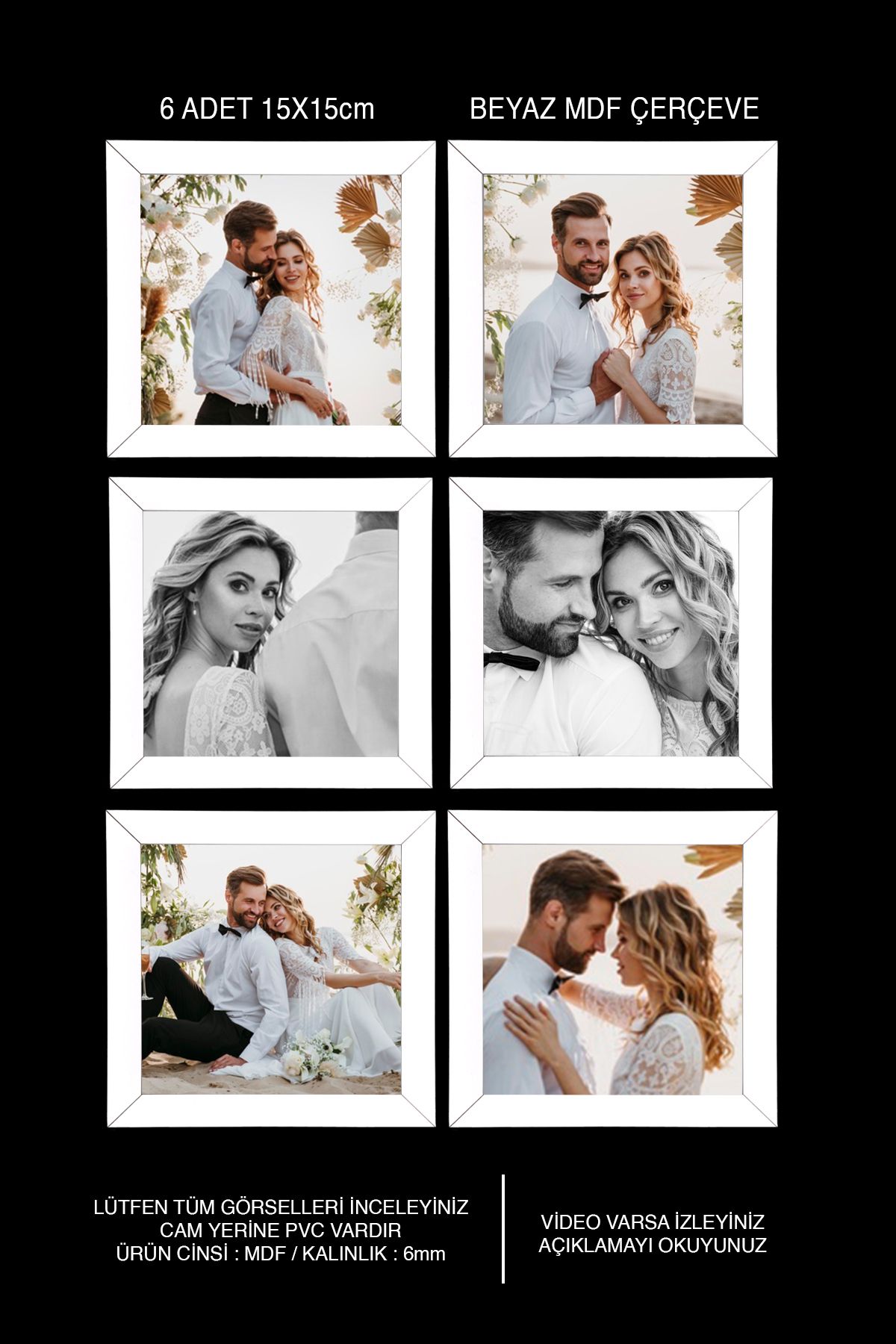 bymat-6 Pieces 15x15 Frame - White Frame - MDF Square Frame - Multiple Photo Frame Set 1