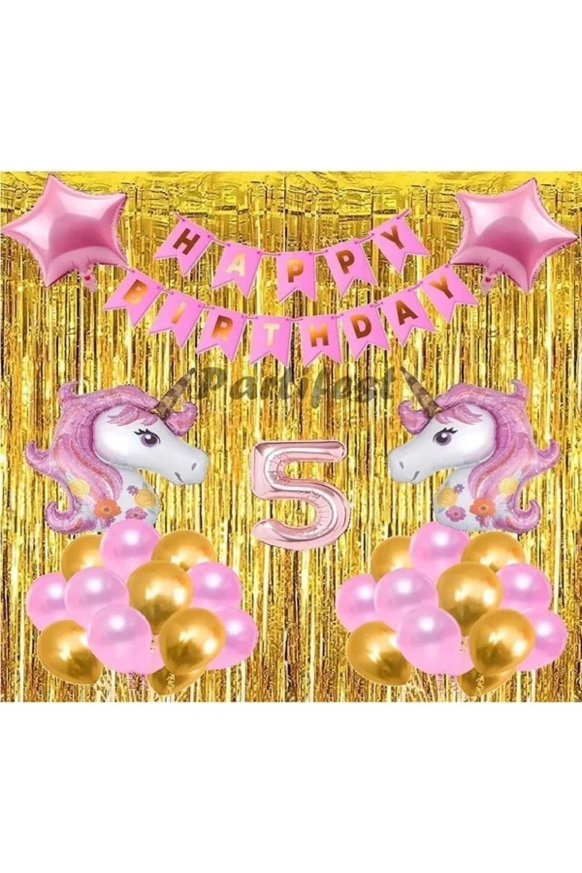 Papatya Süs Evi 5 Yaş Pembe Unicorn Konsept Balon Doğum Günü Set Gökkuşağı Unicorn Yaş Balon Set