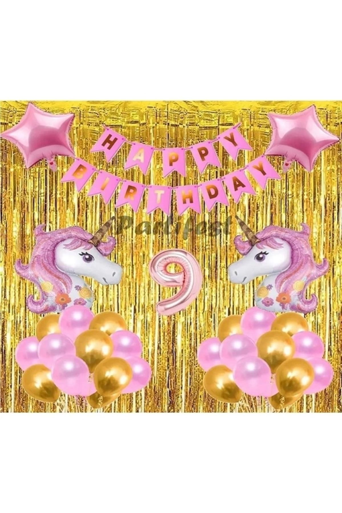 Papatya Süs Evi 9 Yaş Pembe Unicorn Konsept Balon Doğum Günü Set Gökkuşağı Unicorn Yaş Balon Set