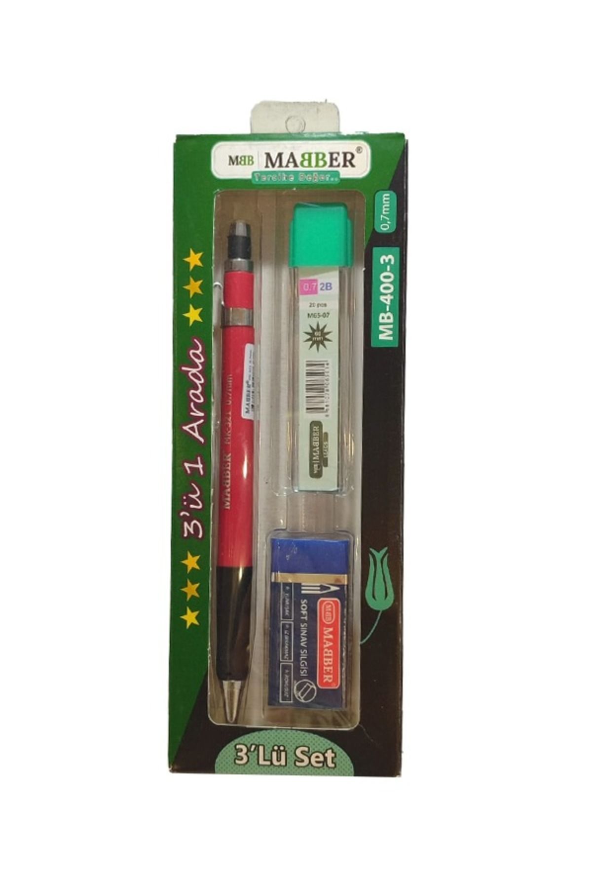 mabber Versatil 0.7 mm 3'lü Set Uçlu Kalem + Silgi + Uç