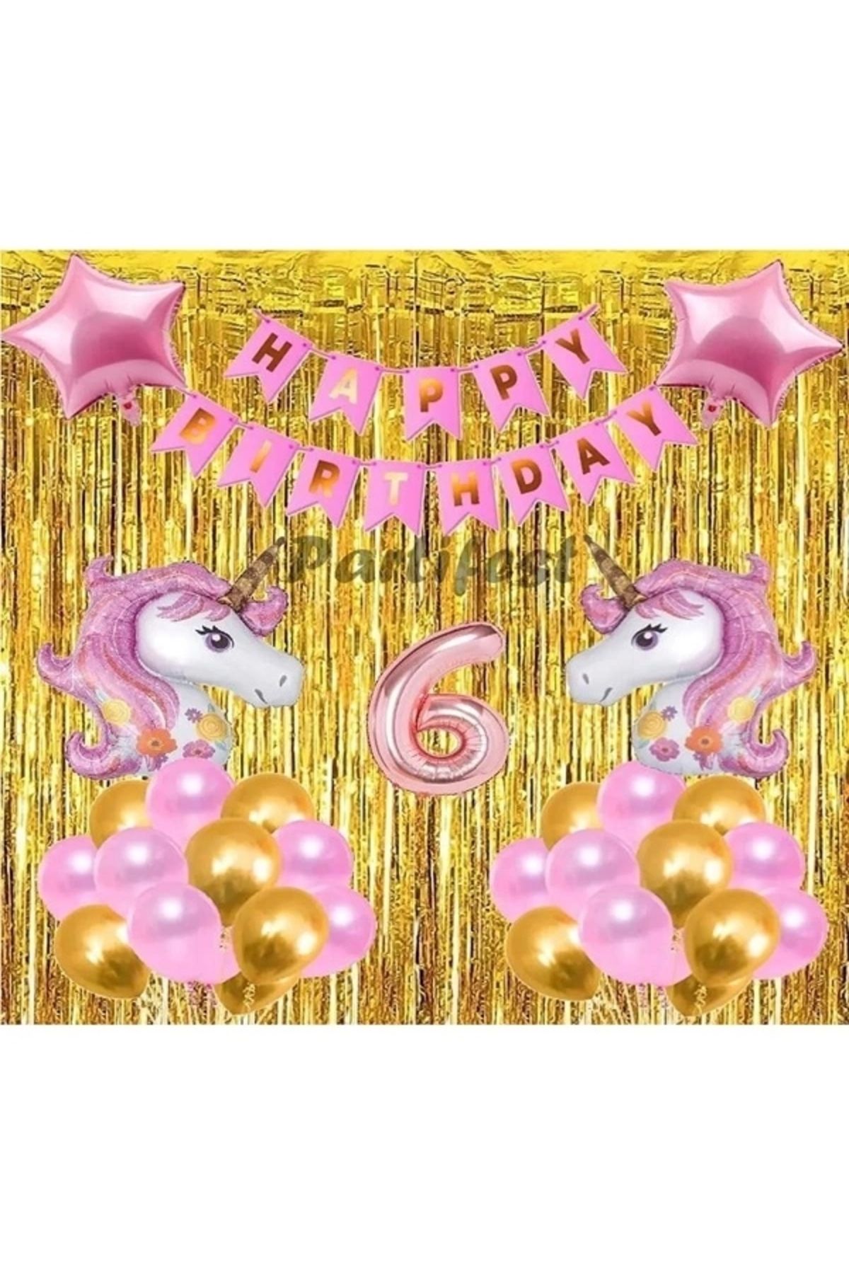 Papatya Süs Evi 6 Yaş Pembe Unicorn Konsept Balon Doğum Günü Set Gökkuşağı Unicorn Yaş Balon Set