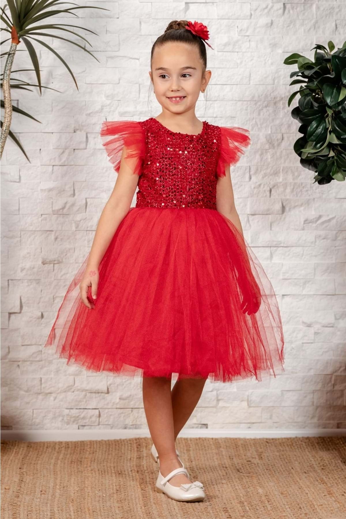 Mnk Baby&Kids Tüllü Kız Çocuk KPL Elbise MNK0526 KIRMIZI fotoğrafı 2 (önizleme)