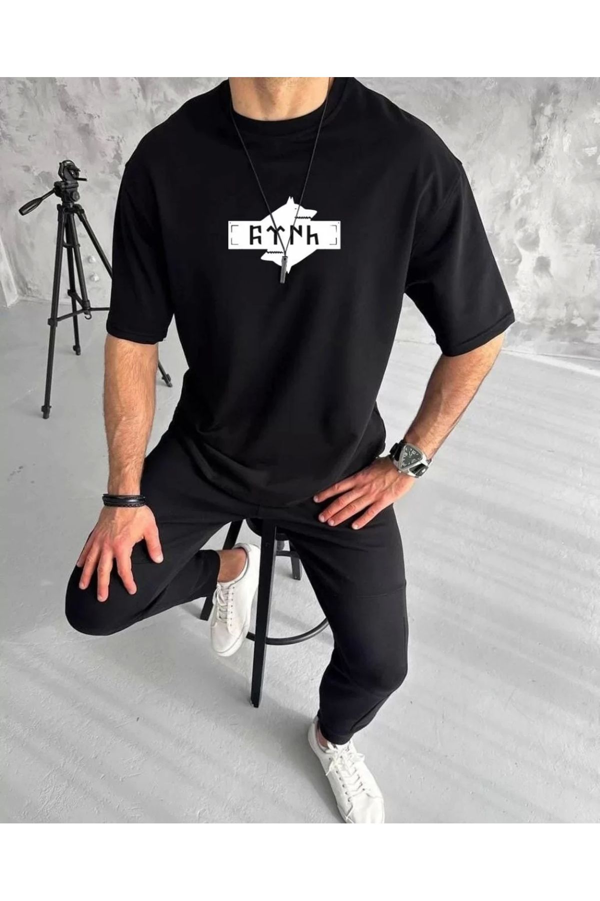CVS Unisex Bisiklet Yaka Baskılı Double Oversize T-Shirt - Siyah
