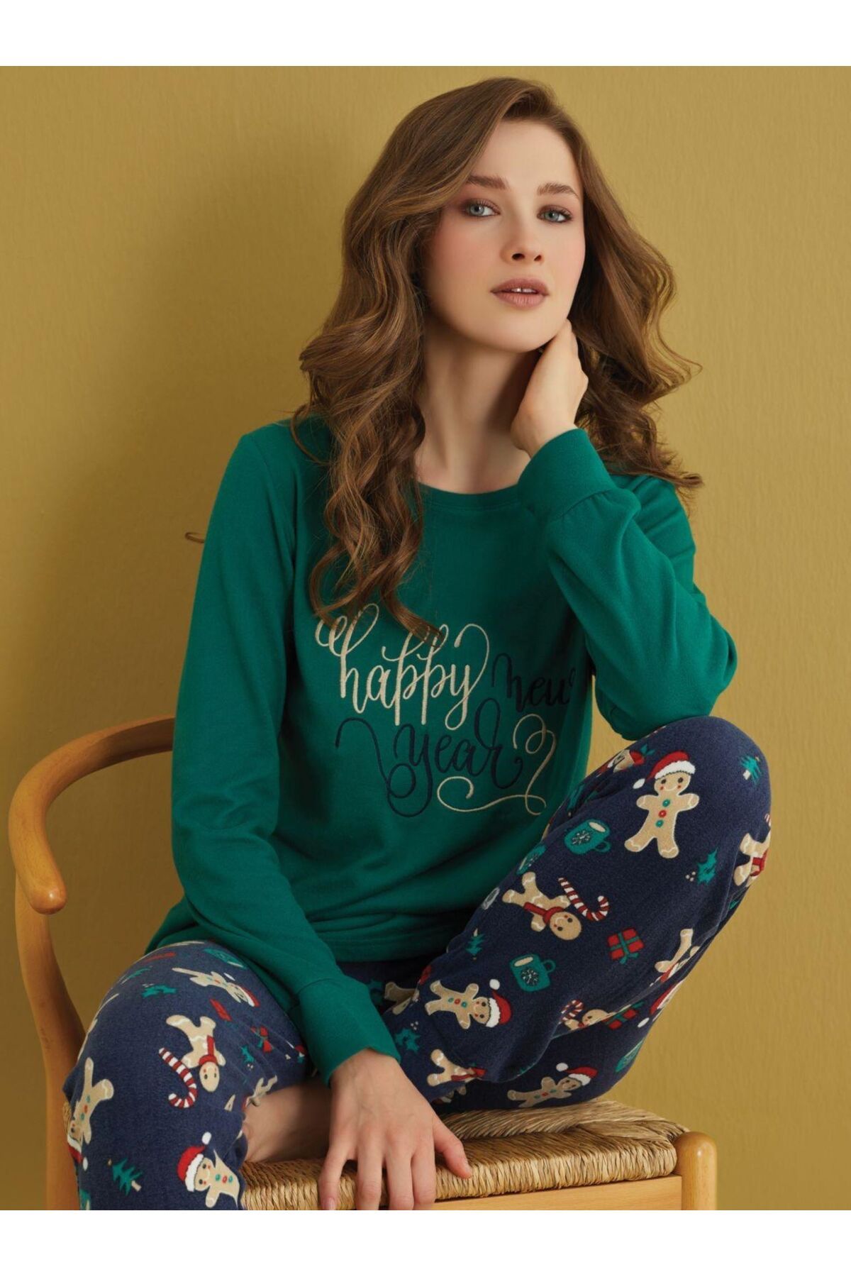 seamlife Set De Pijamale Din Bumbac Termic Pentru Femei, Verde, Cu Textura Moale, Cu Model De Anul Nou Femeie - S/M
