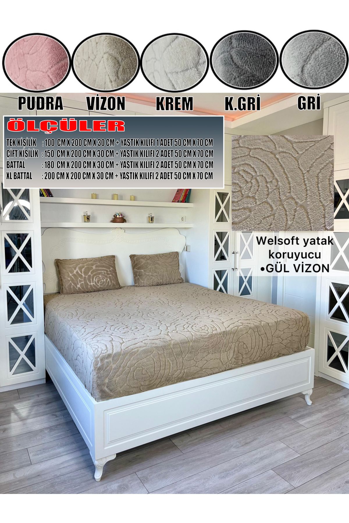 KILIFSAN Welsoft Vizon Renk Desenli Lastikli Yatak Örtüsü ve Yanında Yastık Kılıfı Hediyesi 180X200X30 CM.