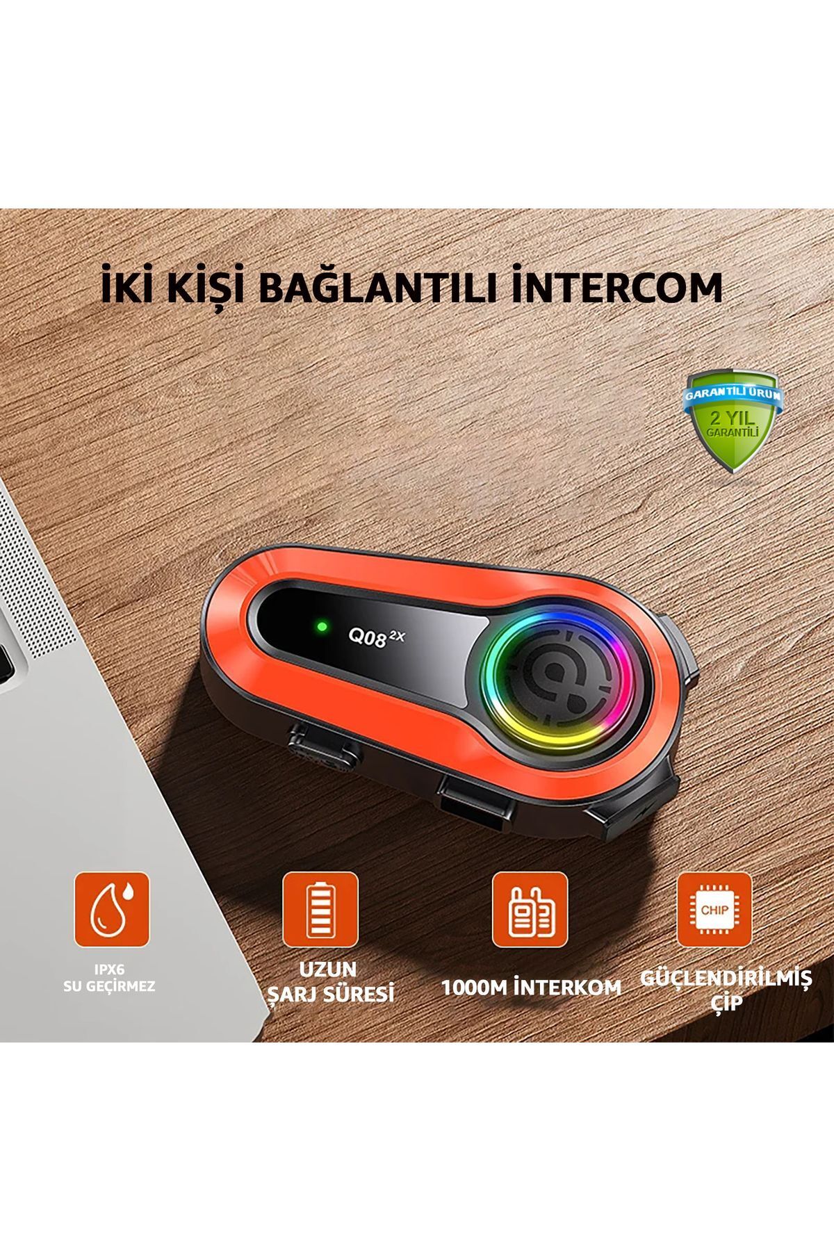 woodhub Q08-2X İki Kişi Bağlantılı Motorsiklet Kask İntercom RGB Işıklı Motorsiklet İnterkom