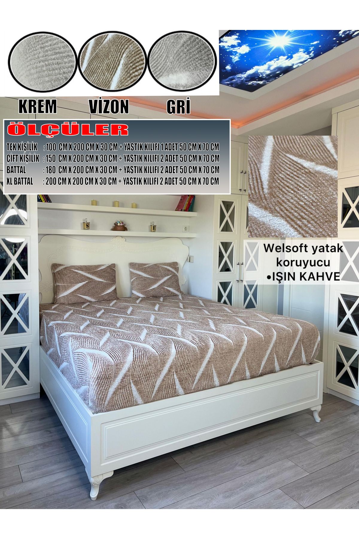 KILIFSAN Welsoft Vizon Renk Desenli Lastikli Yatak Örtüsü ve Yanında Yastık Kılıfı Hediyesi 180X200X30 CM.