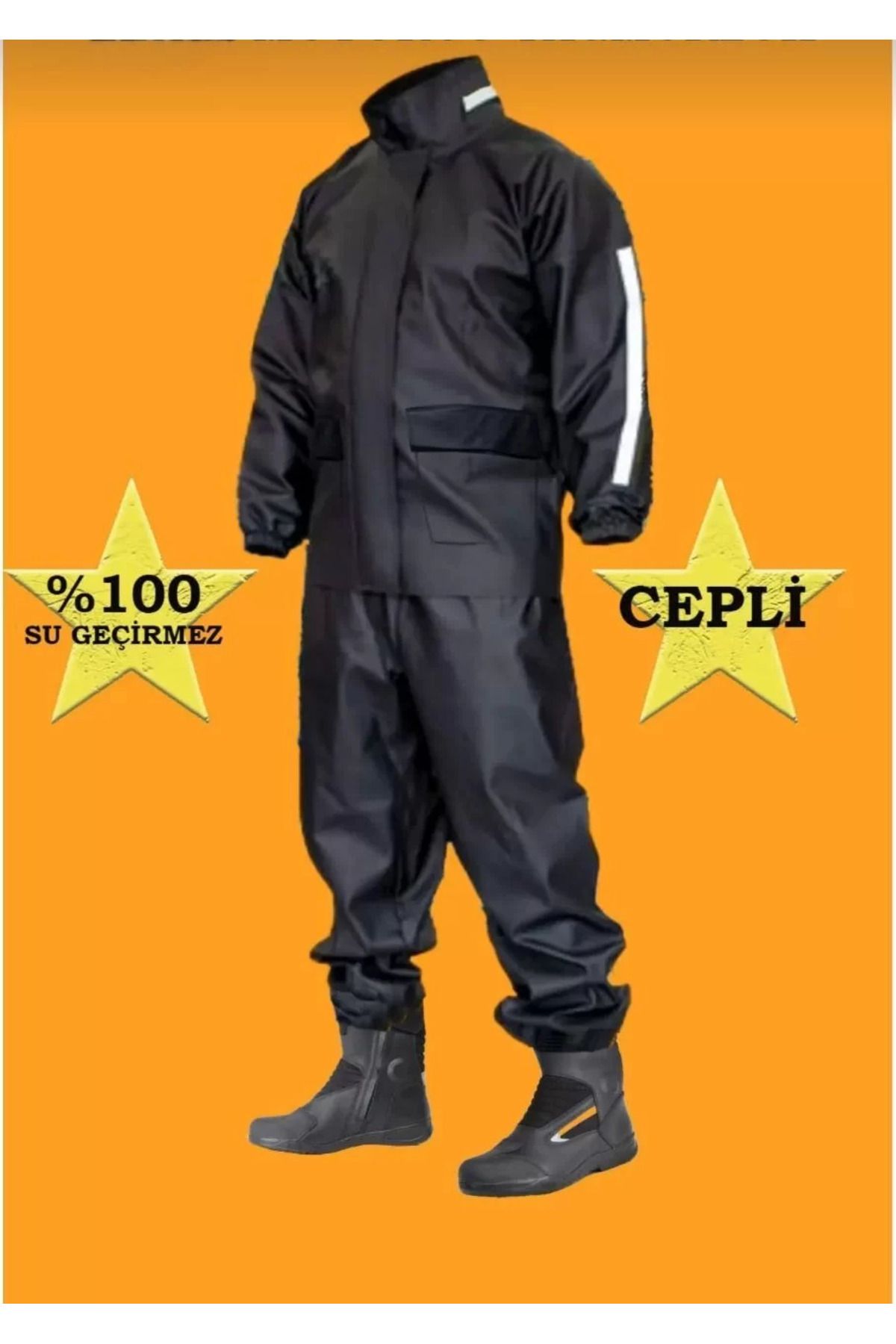 BB COMPANY Unisex Tam Kalıp Motorcu Cepli Kurye Su Gecirmez Yağmurluk Takım - Siyah