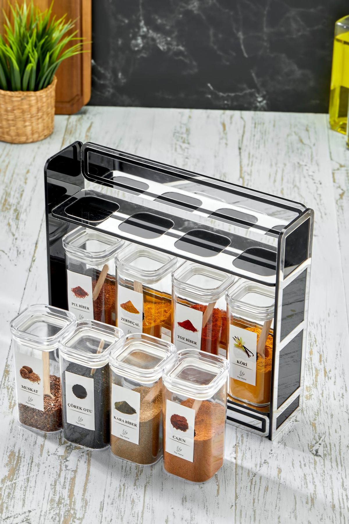 FBZhome-Spice Rack with Label and Stand Set of 8 300 ml Acrylic Storage Containers (with Spoon Gift) 5