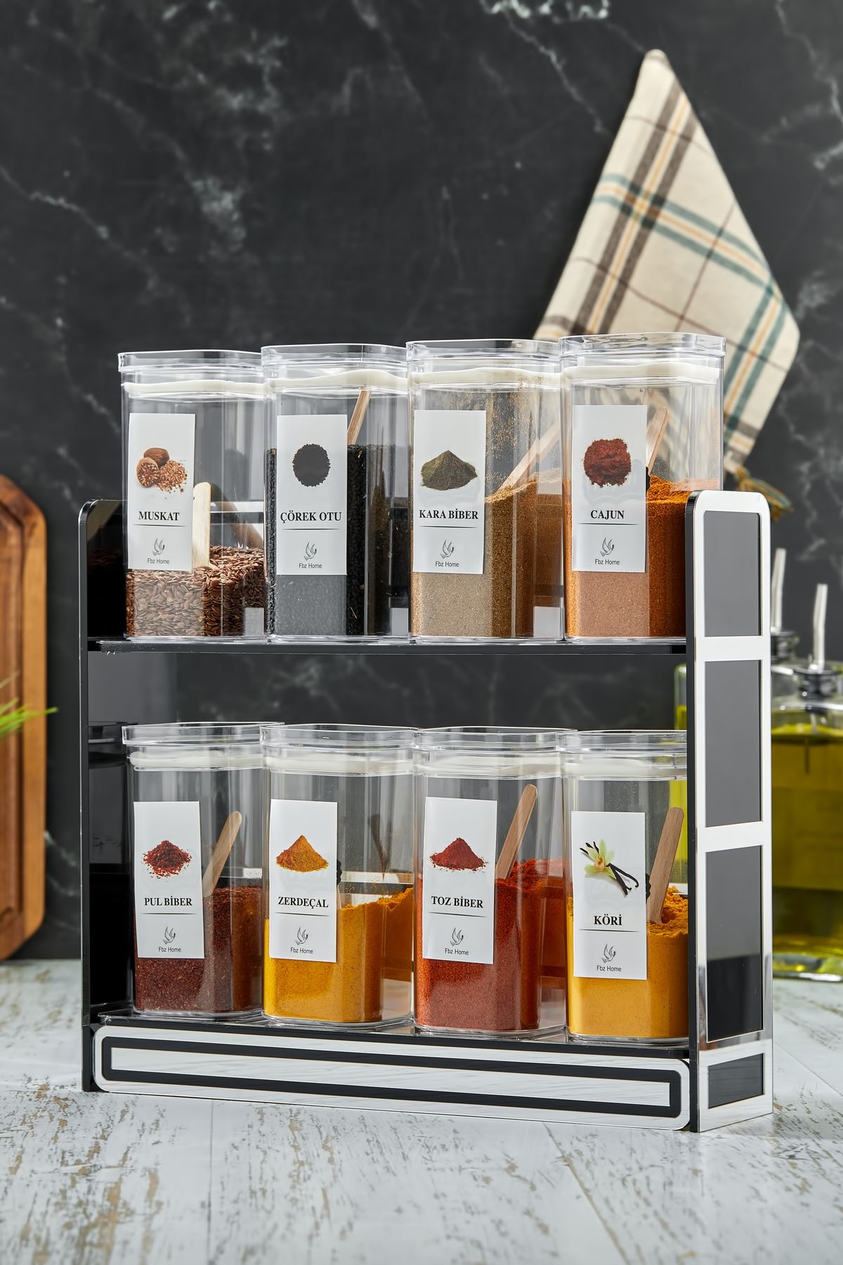 FBZhome-Spice Rack with Label and Stand Set of 8 300 ml Acrylic Storage Containers (with Spoon Gift) 3