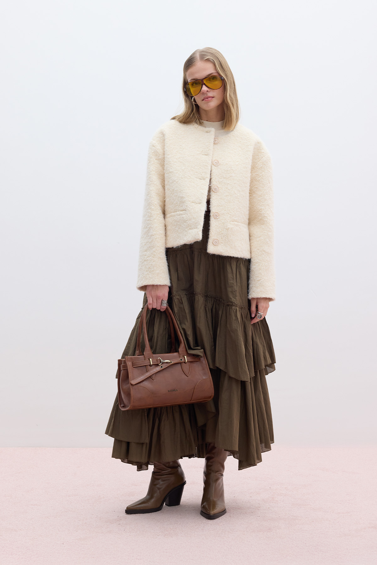 Manuka-Khaki Color Folded Boho Voile Skirt 2