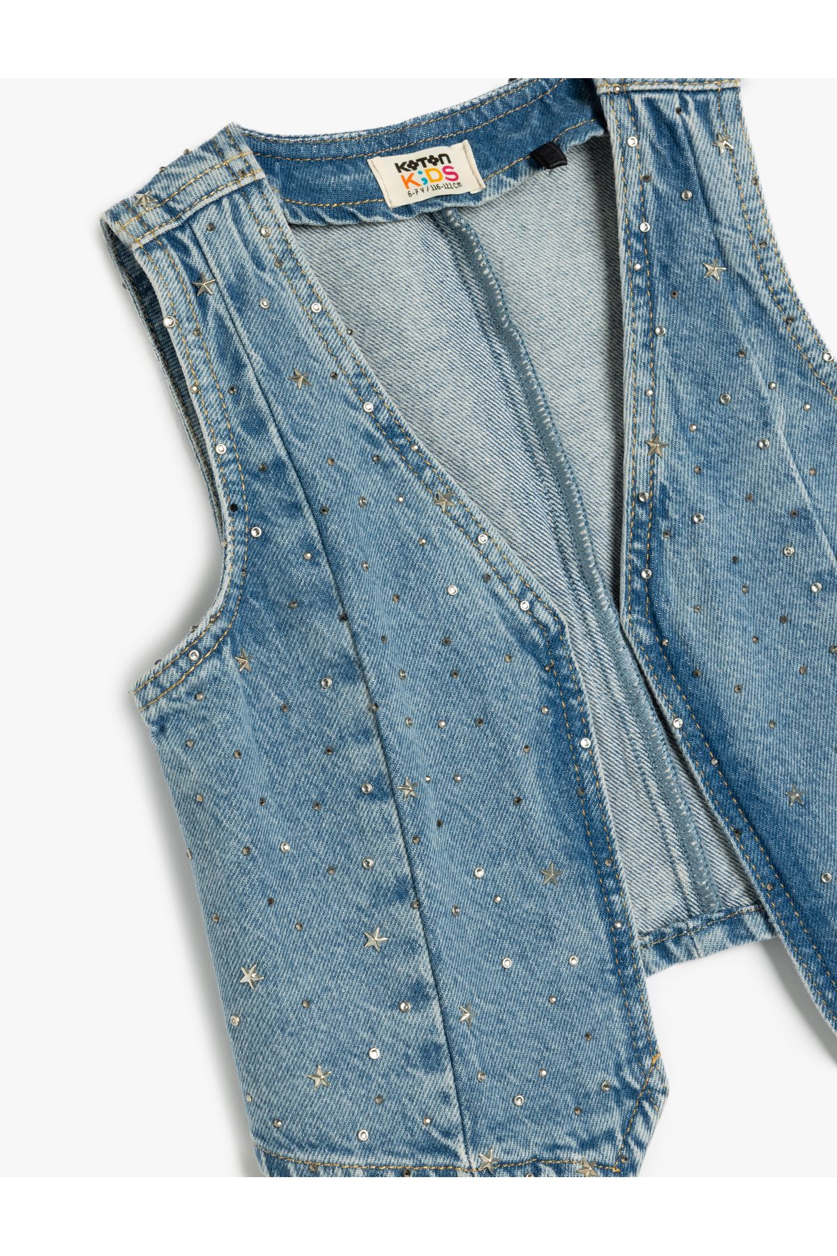 Koton-Star Detailed V-Neck Sleeveless Cotton Denim Vest 3