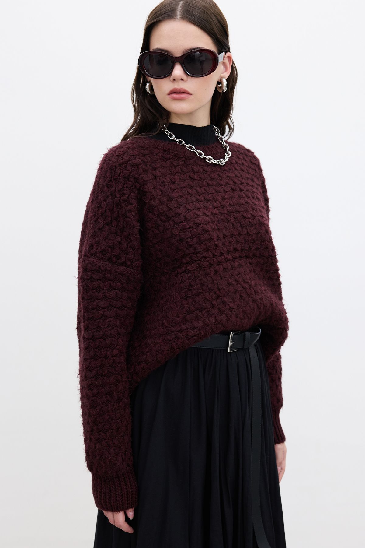 Manuka-Pulover tricotat cu model burgundy 5