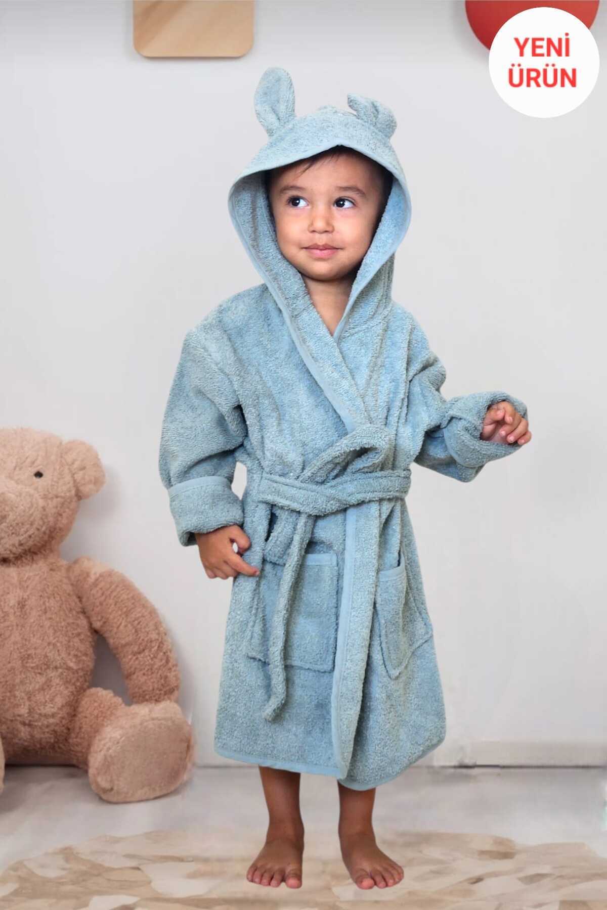 PAMUK HANIM OUTLET İHRACAT- Pamuklu Yumuşacık Unisex Kız-erkek Çocuk Havlu Bornoz KULAKLI TAVŞAN/ DENİZ MAVİSİ fotoğrafı 3 (önizleme)