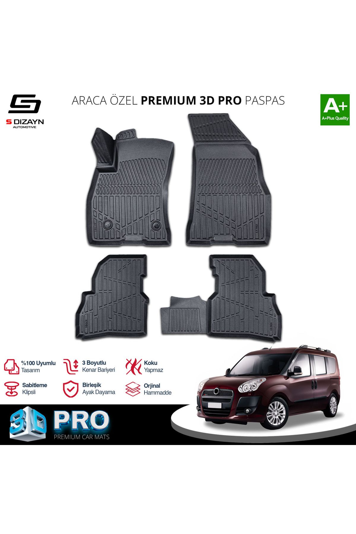 TREND Meka Part Fiat Doblo Geniş Aile 3D Pro Havuzlu Paspas 2010-2022 A+ Kalite