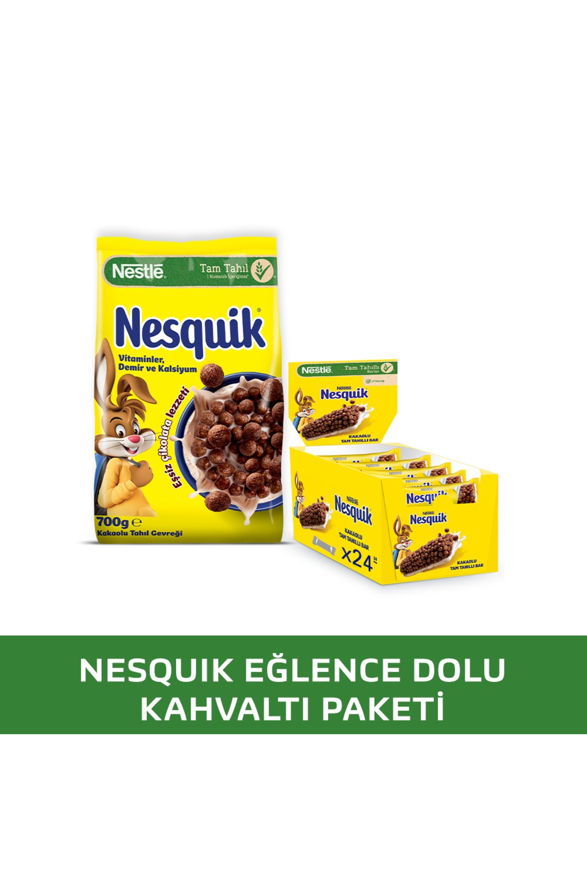 Nestle NESQUIK Kakaolu Buğday ve Mısır Gevreği 700g & NESQUIK Kakaolu Tam Tahıllı Bar 24x25g