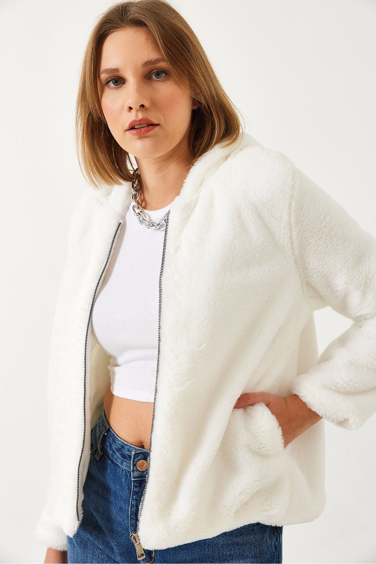 Bianco Lucci-Women's Hooded Plush Fur Coat 3