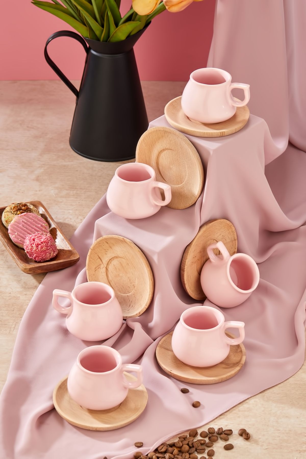 Babion-Luxury 12-Piece Coffee Cup Set for 6 People with Wooden Plate, Pink Cup Set 3