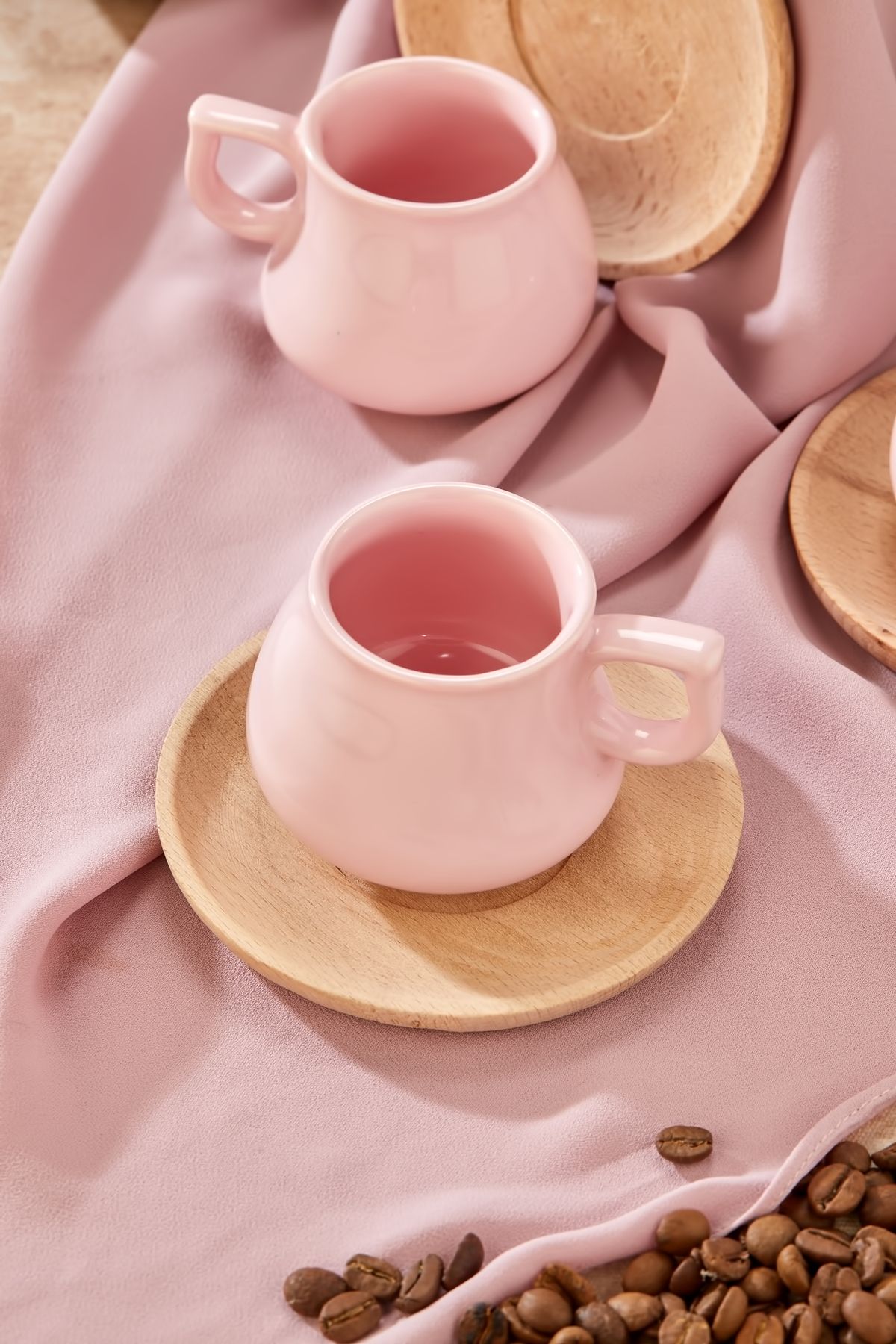 Babion-Luxury 12-Piece Coffee Cup Set for 6 People with Wooden Plate, Pink Cup Set 7