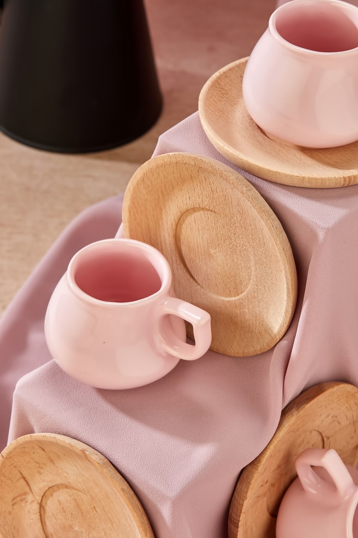 Babion-Luxury 12-Piece Coffee Cup Set for 6 People with Wooden Plate, Pink Cup Set 4