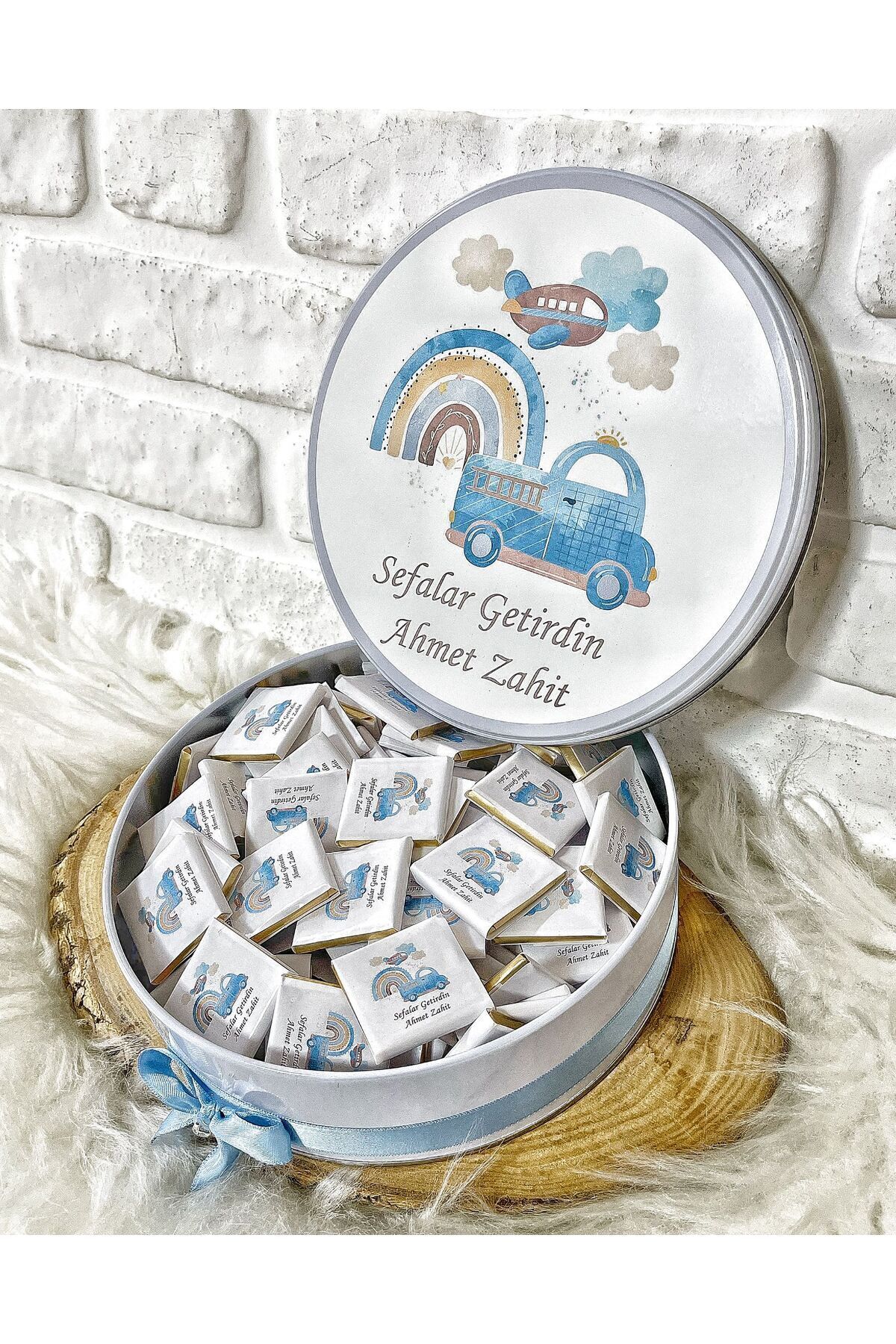 BUGİTO Angel Gift Chocolate 100 Adet Mavi Araba Temalı Isme Özel Erkek Bebek Doğum Günü Hediyelik Çikolata fotoğrafı 3 (önizleme)