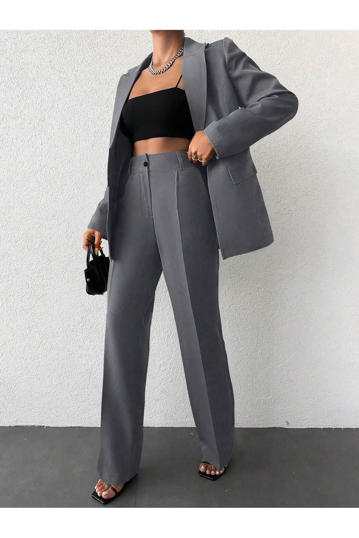 Female Clothing Gri Astarlı Tek Düğme Blazer Ceket Cepli Bol Paça Pantolon Takım Elbise