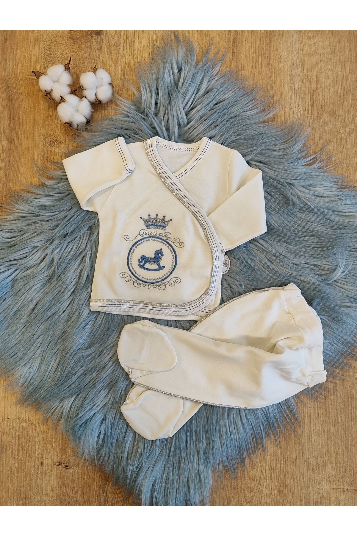 Tomuycuk-100% Cotton Newborn Hospital Release - Blue Embroidered & Seasonal Baby Set - Set of 5 6