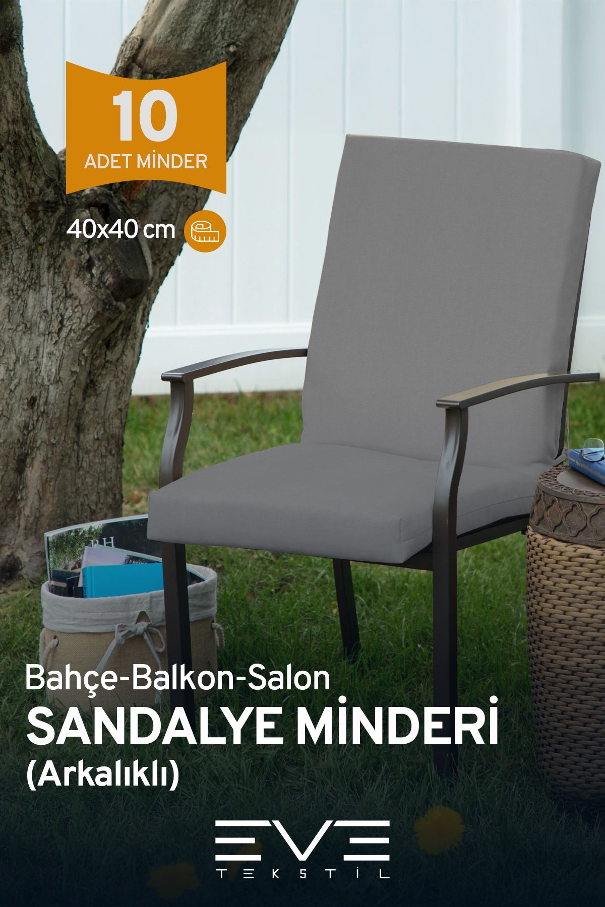 Eve Tekstil Bahçe - Salon - Balkon Arkalıklı Fermuarlı Bağlanabilir Yıkanabilir Sandalye Minderi 10 Adet