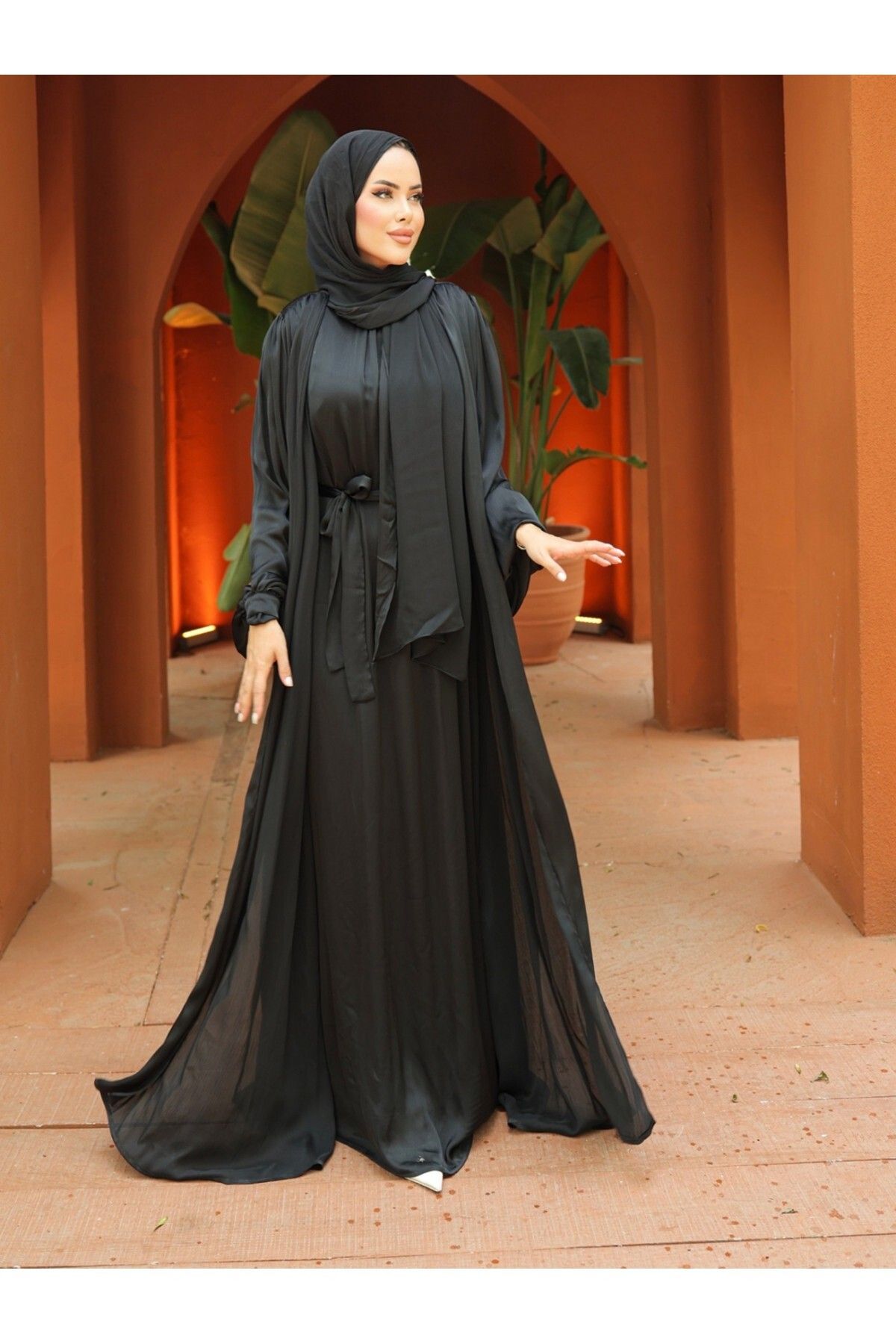 Modamorfo-Crinkle Silk Satin 3-dielna sada Abaya – čierna 1