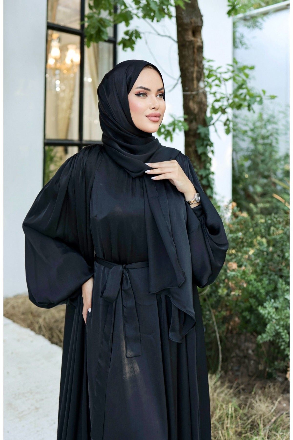 Modamorfo-Crinkle Silk Satin 3-dielna sada Abaya – čierna 7